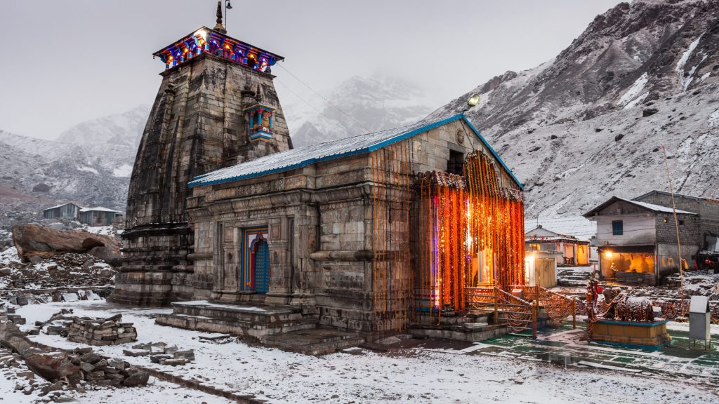 Kedarnath Temple at night, it is a hindu temple dedicated to Shiva, India.