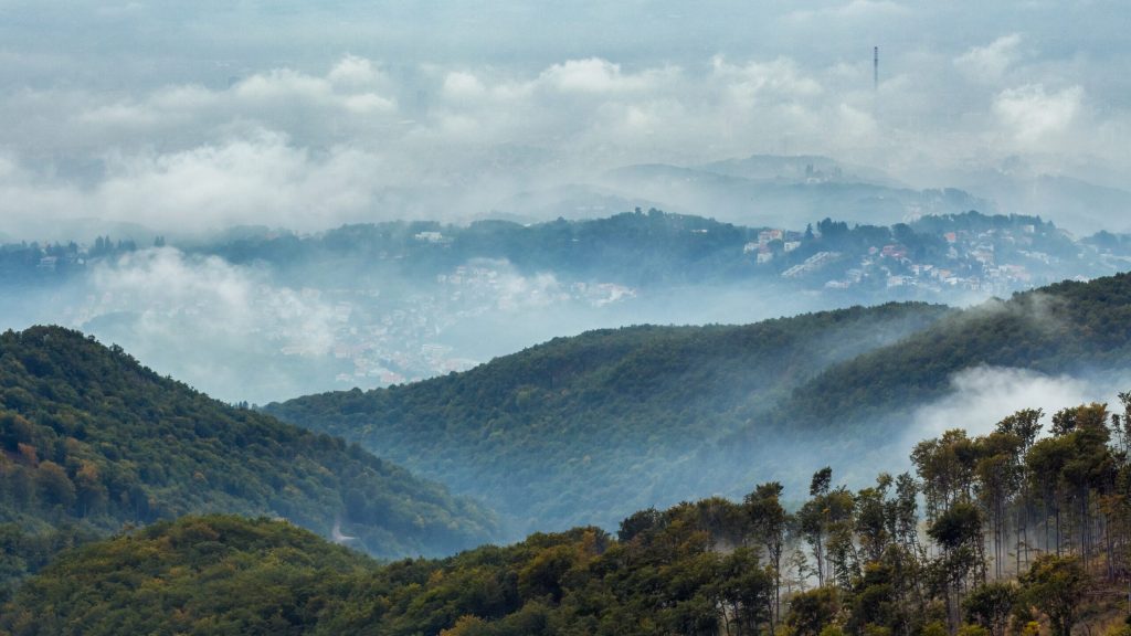 A high angle shot of the Mountain Medvednica in Zagreb, Croatia under the cloudy sky